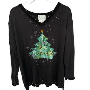 The Quacker Factory Sweater Womens Plus Size 1X Christmas Sequined Velour V-neck